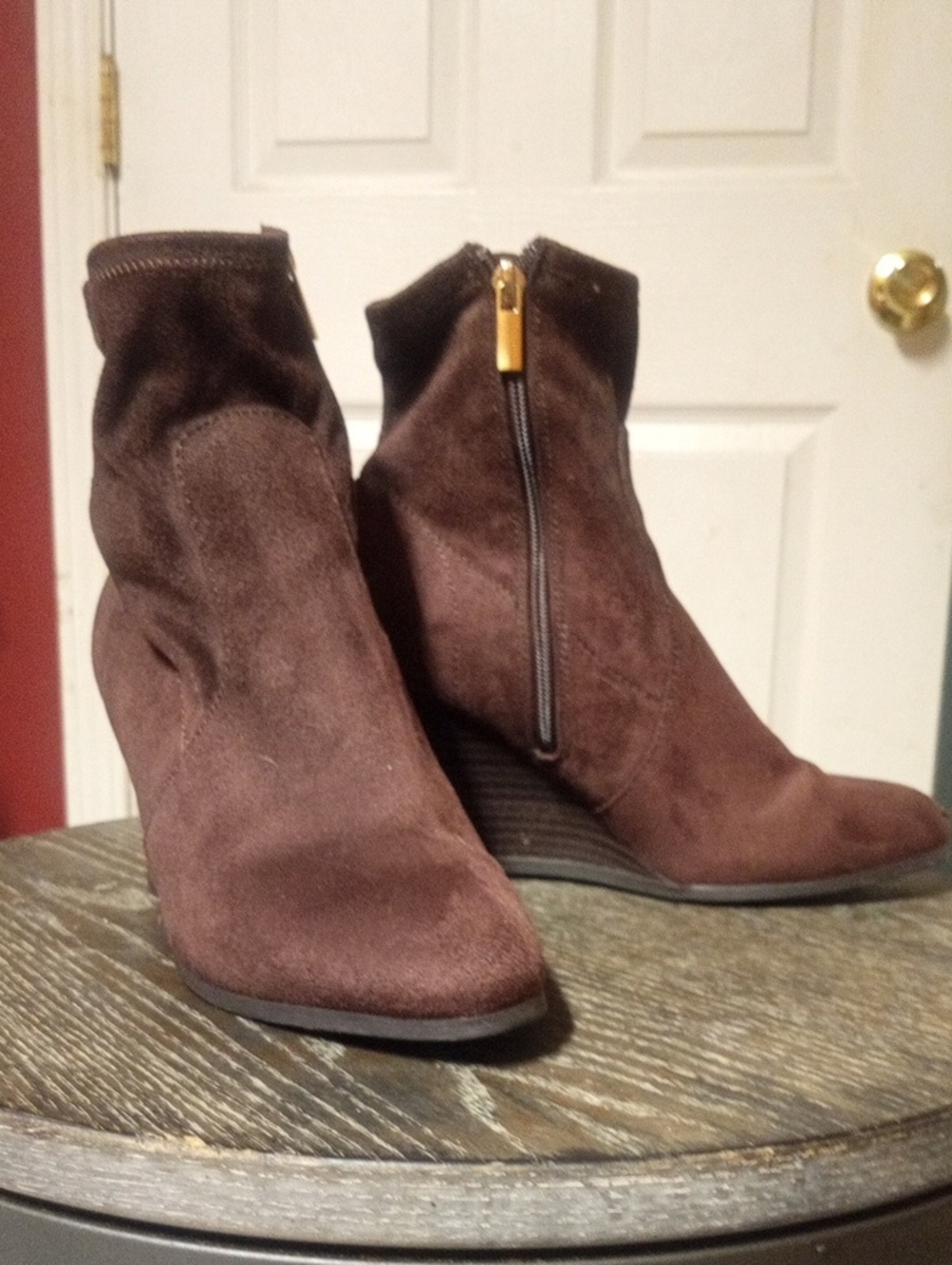 BAMBOO Brown Suede Wedge Ankle Booties with Side Zip